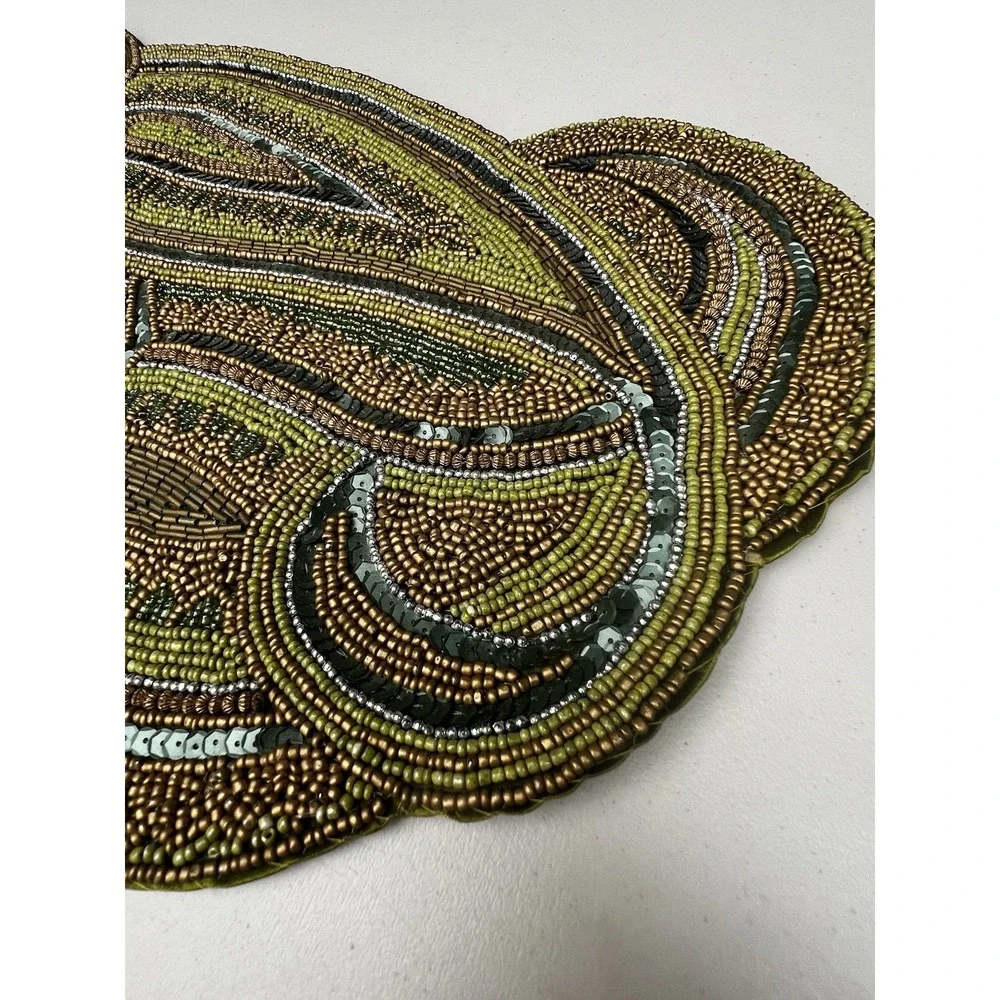 Pier 1 Imports Glass Beaded Paisley Table Runner 13x34 Green Gold India